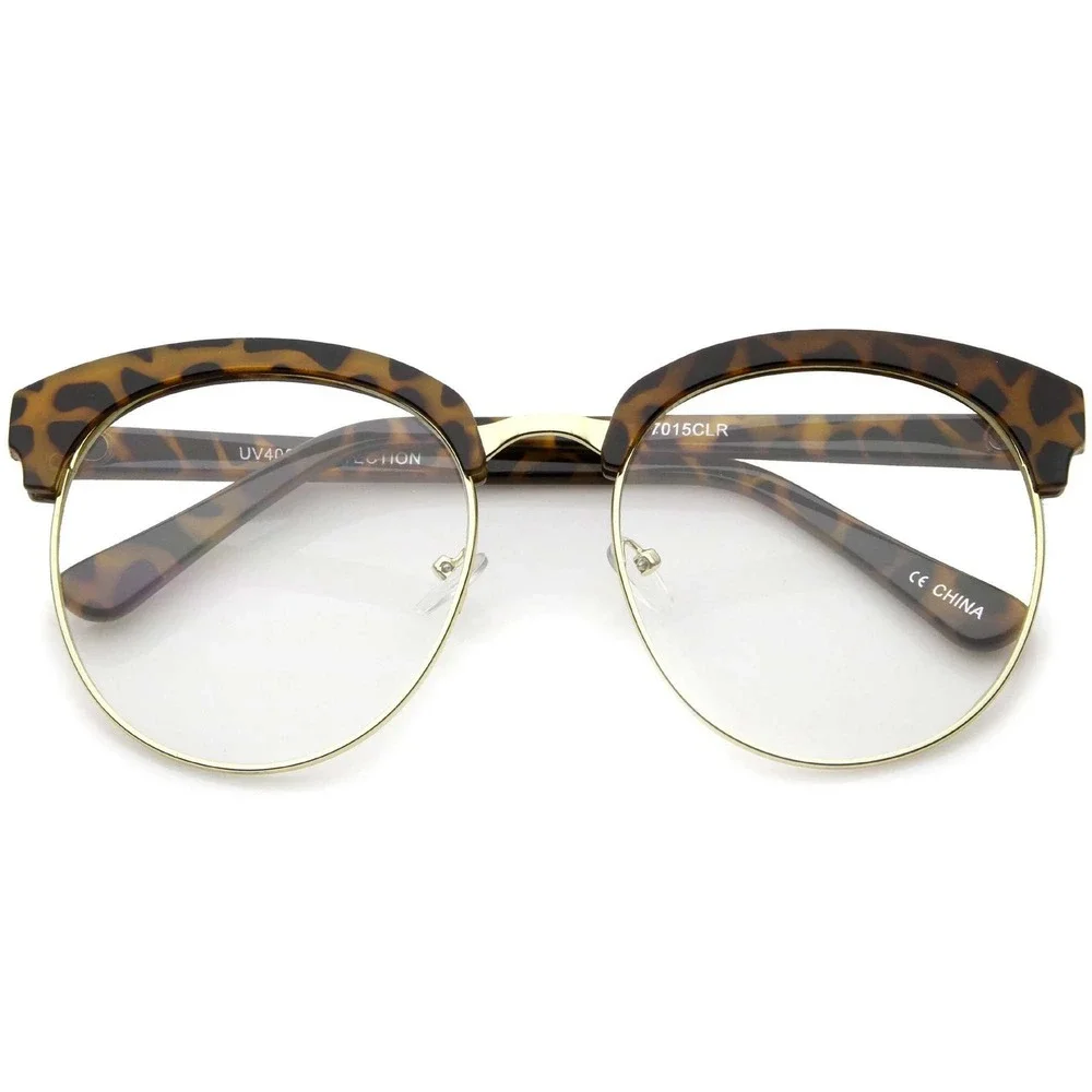 Leopard Print Half Frame Glasses Clear Lens UV400 Protection Classic Retro Gafas